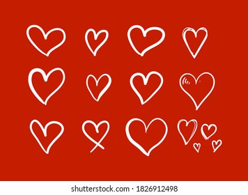 Vector conjunto de corazones dibujados a mano blanca sobre fondo rojo brillante, colección de símbolos de amor, dibujos a mano libre.