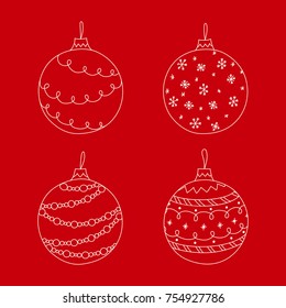 Vector set of white hand drawn Christmas tree ball toy on red background