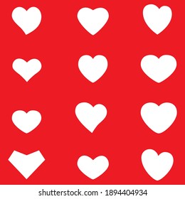 Vector set with white hearts on a red background. Different shaped hearts. For festive postcards design, icons, avatars, packages, wallpapers, decorations, stickers and print