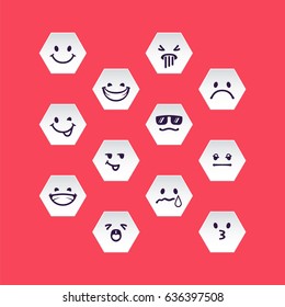 Vector set of white hex head with emotion signs. Geometru shapes with drawn faces