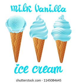 vector Set of white ice cream with vanilla. milk of different shapes in a cup on transparent background lettering hand made text art