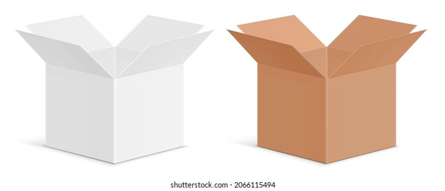 Vector set of white and khaki color cardboard paper unfolded boxes, isolated on background. Open standard storage box illustration.