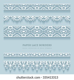 Vector set of white lace borders with shadows, ornamental paper lines, eps10