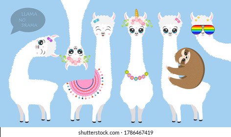 Vektorset von weißen Lamas, Clipkunst in süßem Stil, Tiere lächeln, alle Lamas haben verschiedene Dekorationen und Regenbogenbrillen. Die im kawaiischen Stil gefertigten Lamas sind mit süßen Blumen und Farben gestaltet.