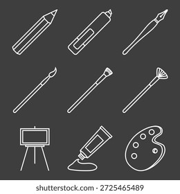 Vector Set of White Line Icons. Painting and Writing Tools