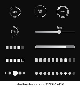 Vector Set of White Loading Icons on Black Background. Load Bars and Circles.