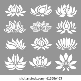 Vector set of white  lotus icons on the gray background.