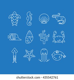Vector set of white marine icons on a blue background. Linear style collection of sea creatures: turtle, seahorse, shell, shrimp, squid, coral, crab, starfish, jellyfish, fish. Sea life.