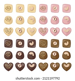Vector set of white, milk, pink and black chocolate candies decorated with nuts.
