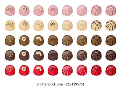 Vector set of white, milk, red, pink and dark chocolate candies decorated with nuts and pastry cream.
