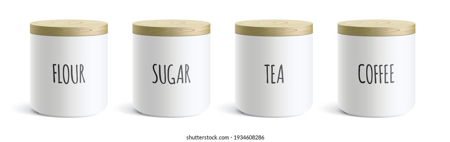 Vector set of white modern style ceramic containers, with flour, sugar, tea, and coffee text on it. Kitchen canisters covered with a wooden lid, standing isolated on a white background.