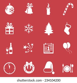 Vector Set of  White New Year and Christmas Icons on Red Background