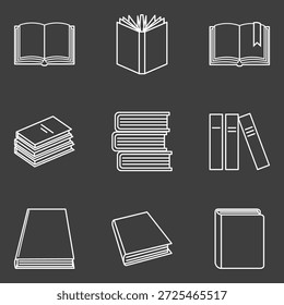 Conjunto vetorial de ícones brancos do livro de tópicos no plano de fundo escuro