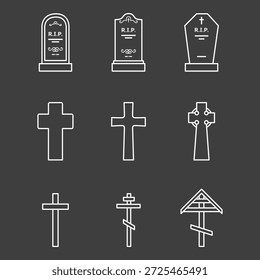 Conjunto de Vector de iconos de cementerio de contorno blanco.