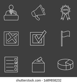 Vector Set of White Outline Elections Icons on Black Background. Politics Vote Pictograms.