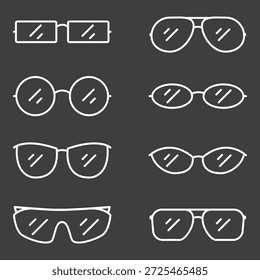 Conjunto de Vector de iconos de gafas de contorno blanco. Tipos de llantas de gafas de sol.