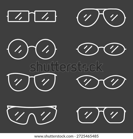 Vector Set of White Outline Eyeglasses Icons. Sunglasses Rim Types.