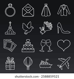 Vector Set of White Outline Wedding Icons on Black Background