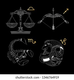 Vector set of white outline zodiac signs Libra, Scorpio, Capricorn, Sagittarius  isolated on black background.