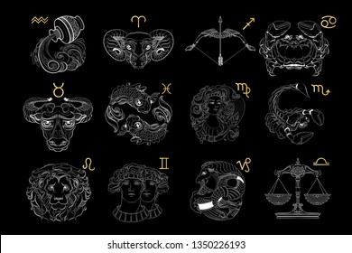 Vector set of white outline zodiac signs Virgo Libra Leo Scorpio Gemini Cancer Taurus Aries Pisces  Aquarius Capricorn Sagittarius  isolated on black background.