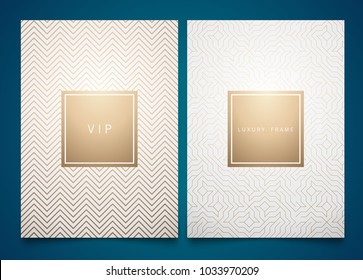 Vector Set White Packaging Templates With Different Golden Linear Geometric Pattern Texture For Luxury Product. Trendy Design For Logo