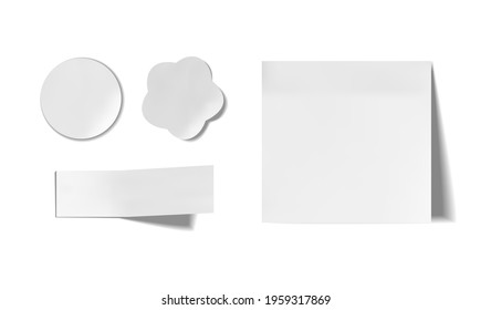 Vector set of white paper pieces isolated on white background, Note paper, sketchbook paper, stickers set.
