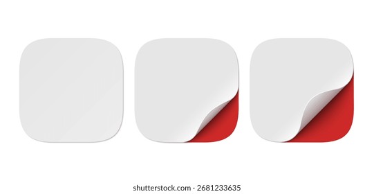 Conjunto vetorial de adesivos de papel branco com canto vermelho isolado no fundo. Adesivos quadrados realistas curvados com sombras suaves.
