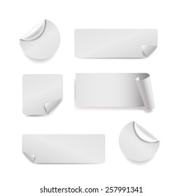 Vector Set of white paper stickers on white background. Round, square, rectangular