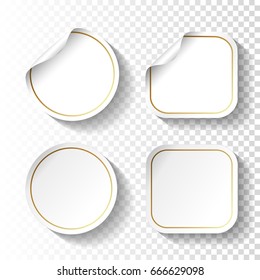 Vector set of white paper stickers on transparent background. Circle and square labels, buttons.
