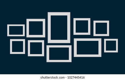 Vector set of white picture frames on blue background.