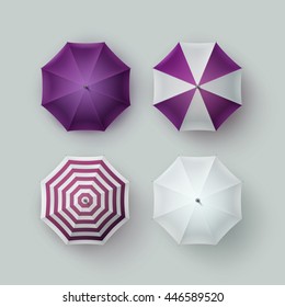 Vector Set of White Purple Violet Striped Blank Classic Opened Round Rain Umbrella Parasol Sunshade Top View Mock up Close Isolated on Background