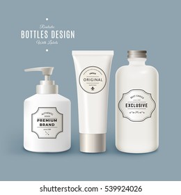 Vector Set of White Realistic Plastic Bottles with Vintage Labels. Product Packaging Design. Plastic Container Mock Up