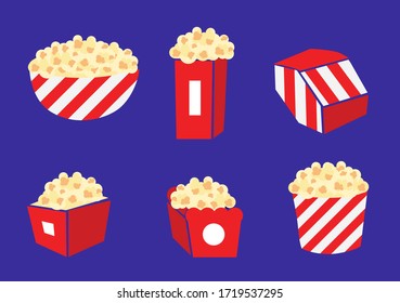 Vector set of white and red striped paper popcorn bag in perspective, front view isolated on background. Popcorn vector illustrations
