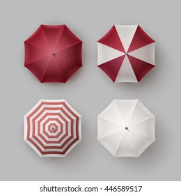 Vector Set of White Red Vinous Striped Blank Classic Opened Round Rain Umbrella Parasol Sunshade Top View Mock up Close Isolated on Background