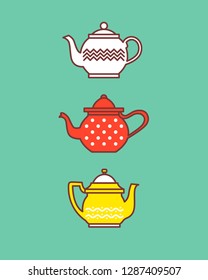 vector set white, red and yellow teapots on a turquoise background
