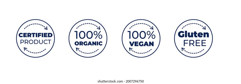 vector set of white round labels for product certification, organic, vegan, 100%, gluten free