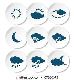 Vector set of white rounded stickers with dark blue weather symbols, elements of forecast
