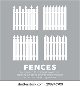 Vector set of white rural fences silhouettes. Garden Park Yard elements.