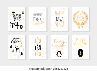 Vector set of white scandinavian Christmas cards with gold hand lettering and hand drawn moose elk with coffee, bear, penguin, spruces, deer, christmas trees, wreath isolated on white background.