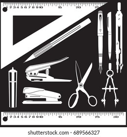 Vector set of white school and office supplies isolated on black background. Flat style design templates.