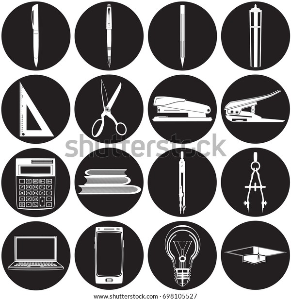 Vector set of white school and office supplies
icons. Stationery, laptop, mobile phone and light bulb flat style
design templates.