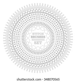 Vector set of white seamless stitch brushes. Circle sewing pattern isolated on white background. All used pattern brushes included.