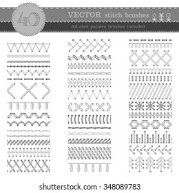 Vector set of white seamless stitch brushes. Sewing patterns, seams, borders, page decorations and dividers isolated on white background. All used pattern brushes included.