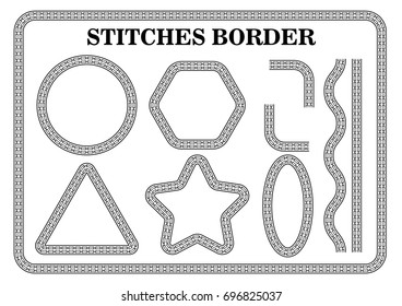 Vector set of white seamless stitch brushes. Sewing patterns, seams, borders, page decorations and dividers,stitch border brushes