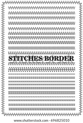 Vector set of white seamless stitch brushes. Sewing patterns, seams, borders, page decorations and dividers,stitch border brushes