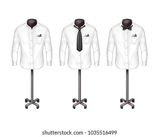 Vector set of white shirts with tie, bow-tie on stands, hangers in front view. Atelier, boutique, wardrobe realistic fashion clothes, cotton cloth. Business style, uniform wear.