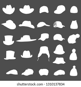 Vector Set of White Silhouette of Hats and Caps