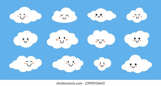 Vector set of white smiling clouds with faces on blue background. Cute funny cloud collection in flat design.