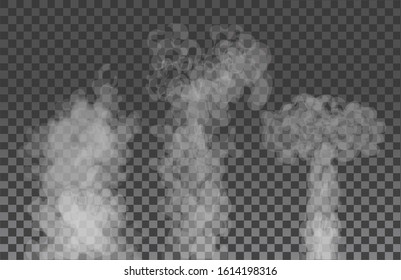  Vector set of white smoke on dark  transparent background