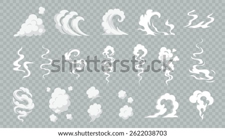 Vector set of white smoke and steam shapes with curved and rising motion. Includes puffs, swirls, and vapor elements for visual effects and design interfaces.

